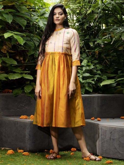 stitched poetry taana baana beige & yellow kesari kurta