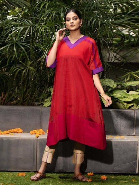 stitched poetry taana baana red & purple kumkum kurta