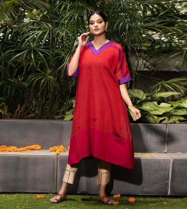 stitched poetry taana baana red & purple kumkum kurta