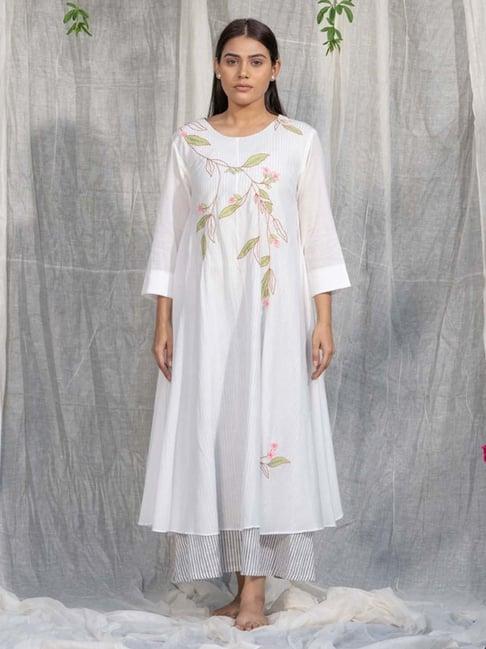 stitched poetry white & grey meraki sprinkled with blooms  dress