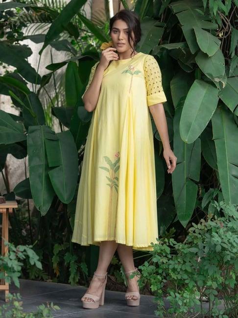stitched poetry yellow birds of paradise sunrays dress