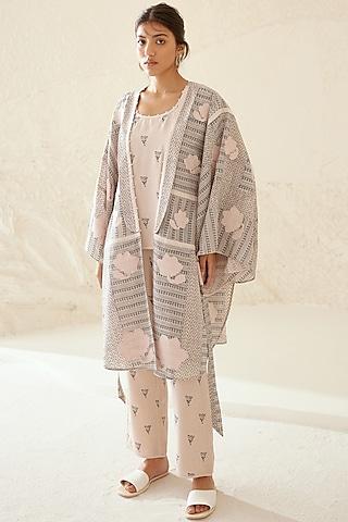 stone and pearl silk voile & modal hand block printed kimono set