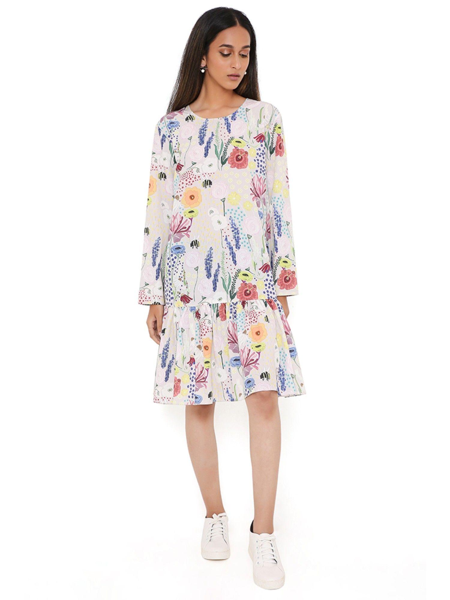 stone bee print art crepe frill hem dress