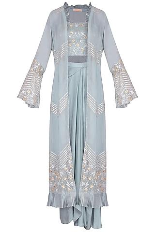 stone blue embroidered croptop, draped skirt and jacket set