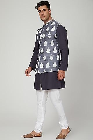stone blue printed nehru jacket