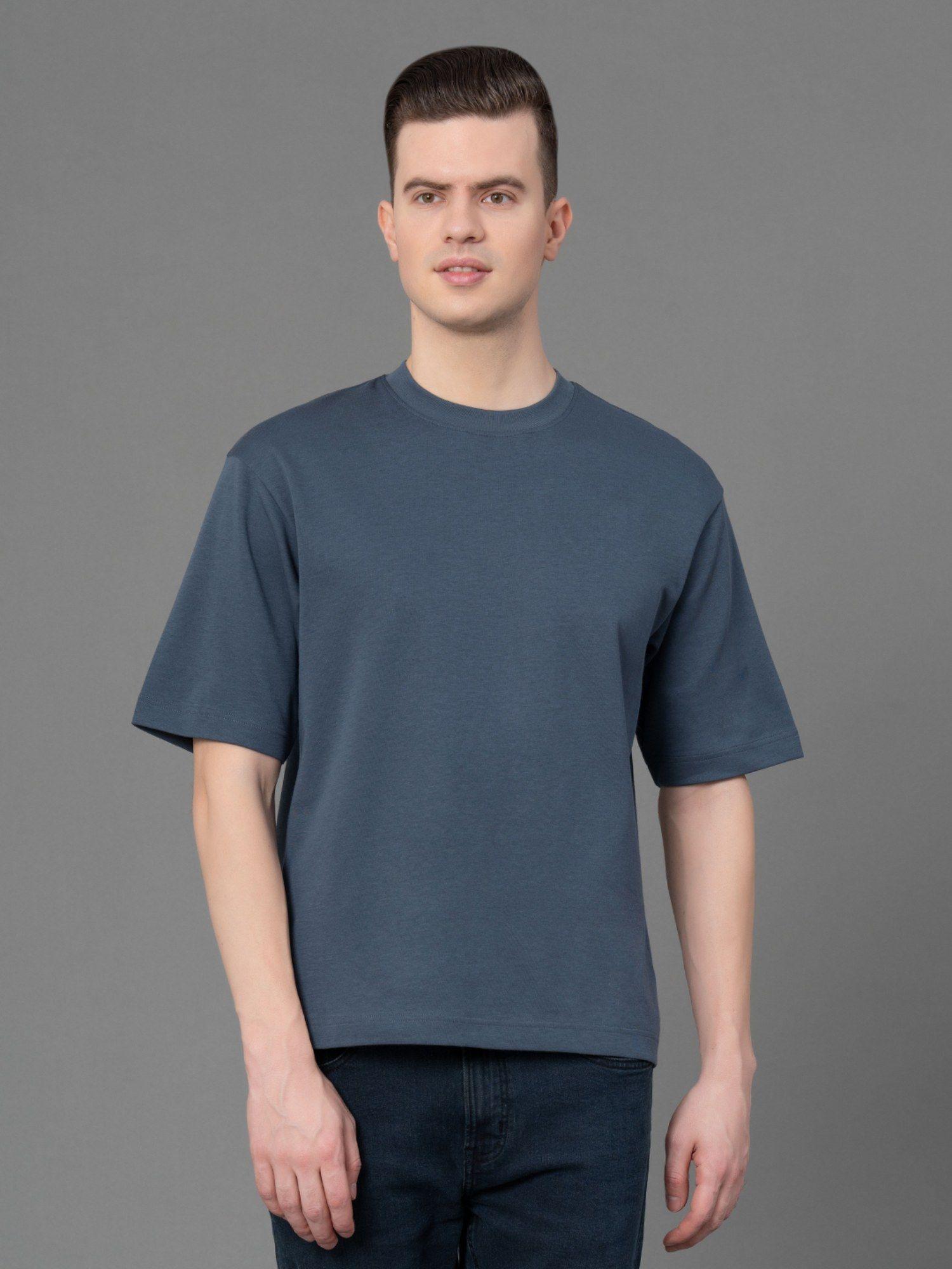 stone blue solid poly cotton men's oversized t-shirt