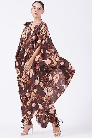 stone brown silk draped tunic set