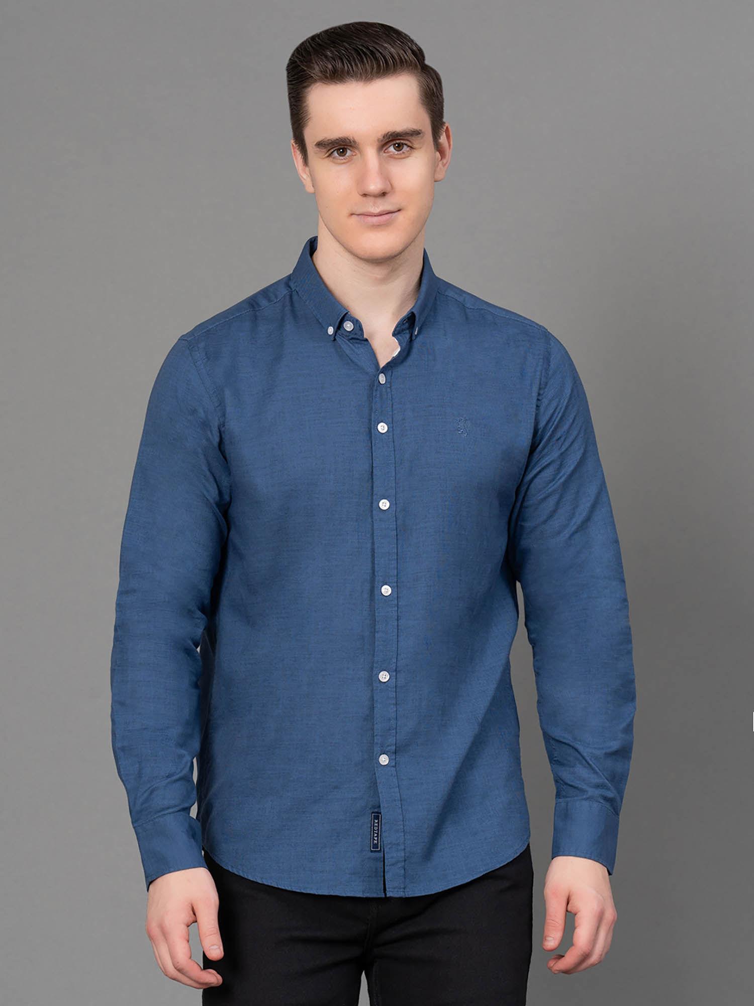 stone navy blue solid cotton canvas mens full sleeve shirt