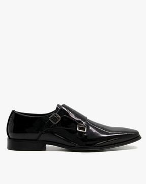 stone patent leather monk shoes