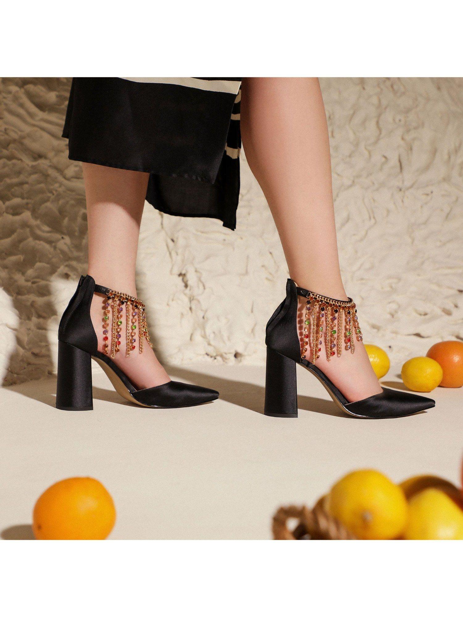 stone studded chain black satin block heels