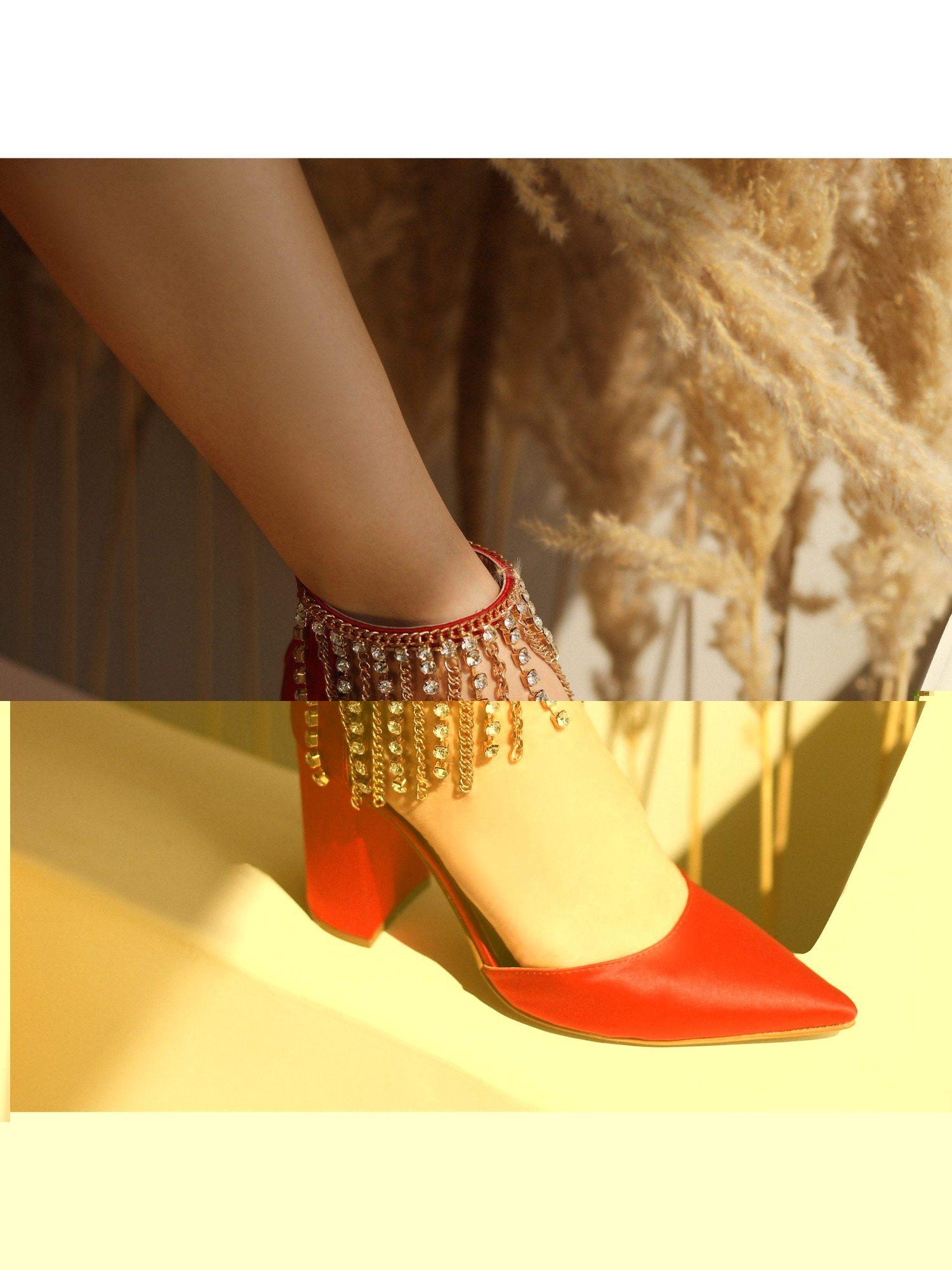 stone studded chain red satin block heels