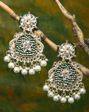 stone-studded pearl dangler earrings