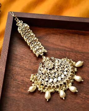 stone studded pearl drop maang tikka