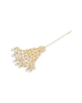 stone studded pearl drop maang tikka