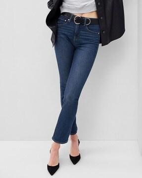 stone-wash high-rise straight fit jeans