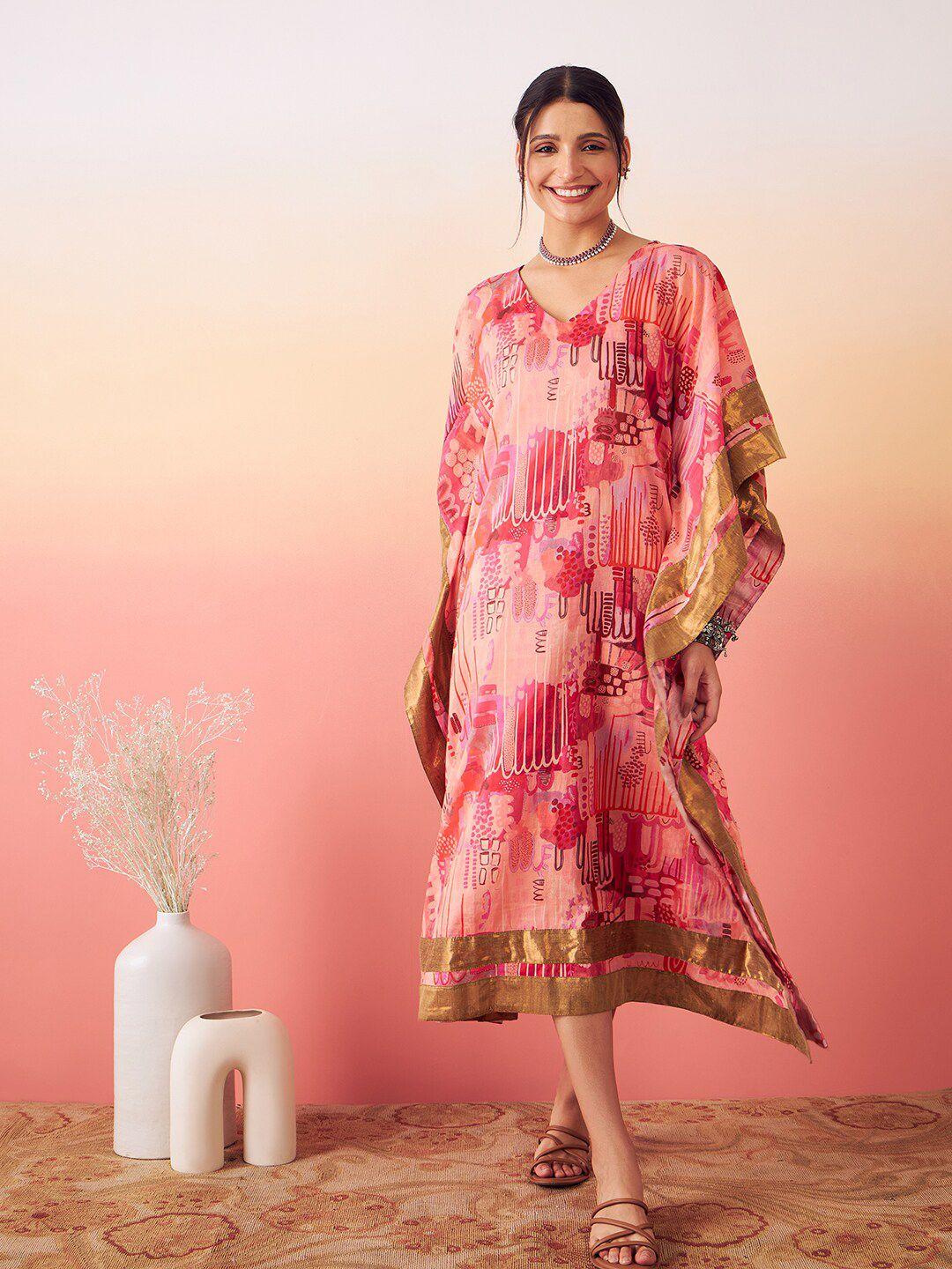 stories of dori abstract printed v-neck flared sleeve pure cotton kaftan midi dress