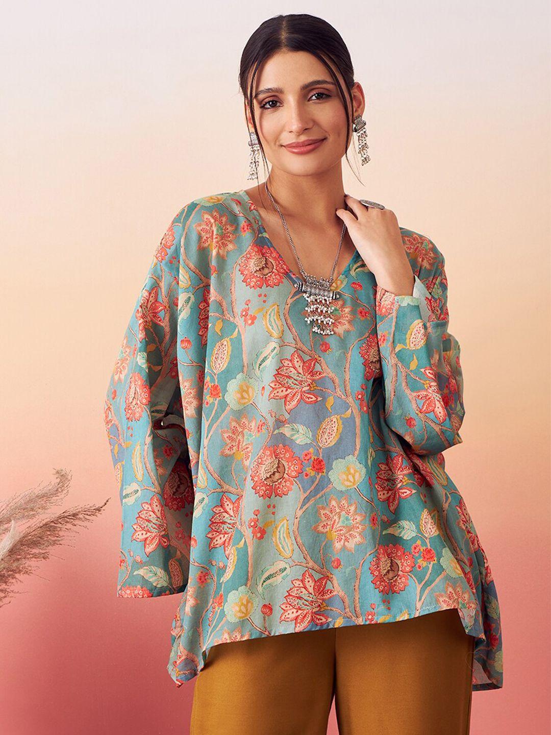 stories of dori floral printed v-neck a-line longline cotton top