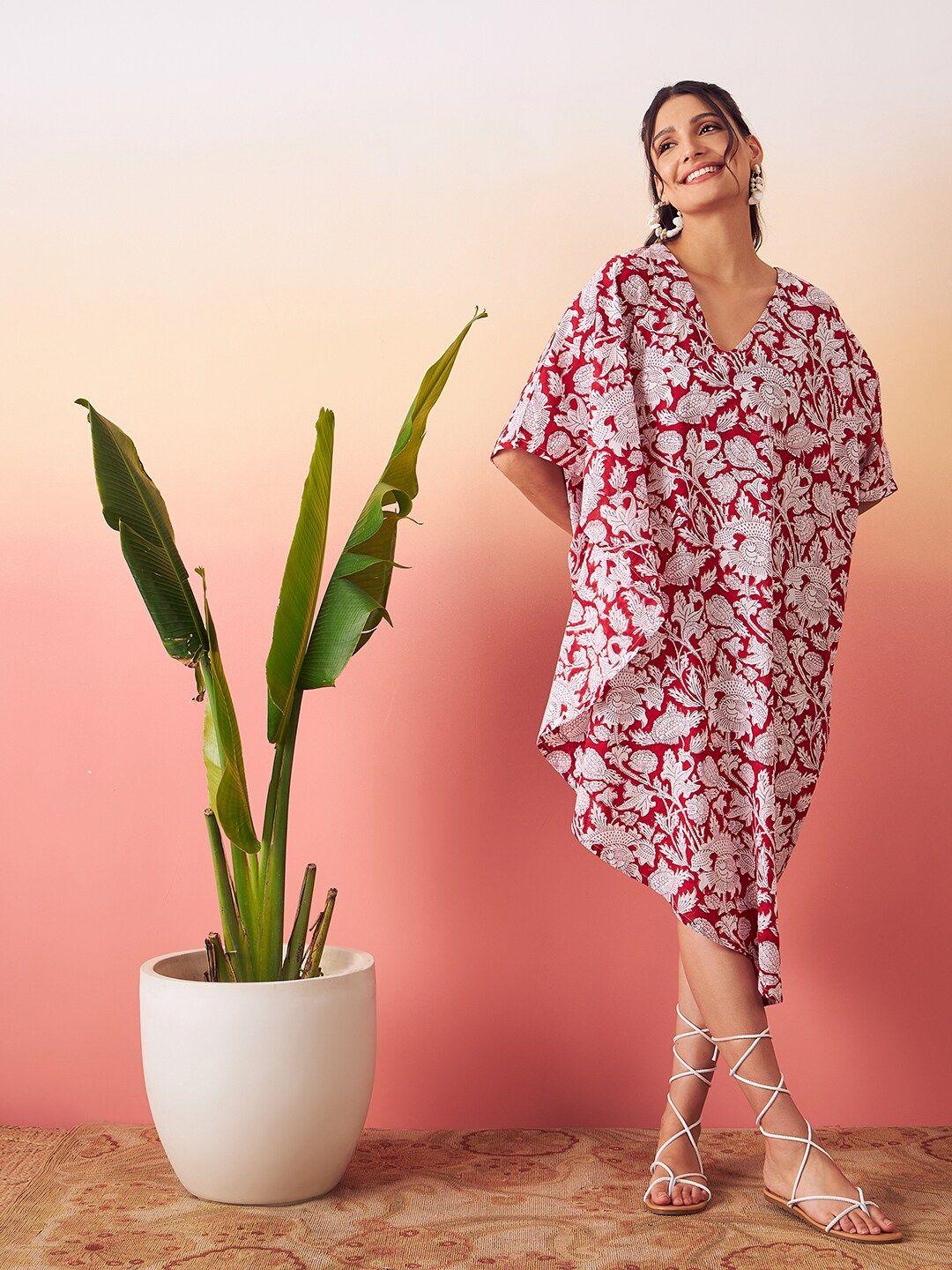 stories of dori red floral print kaftan midi dress