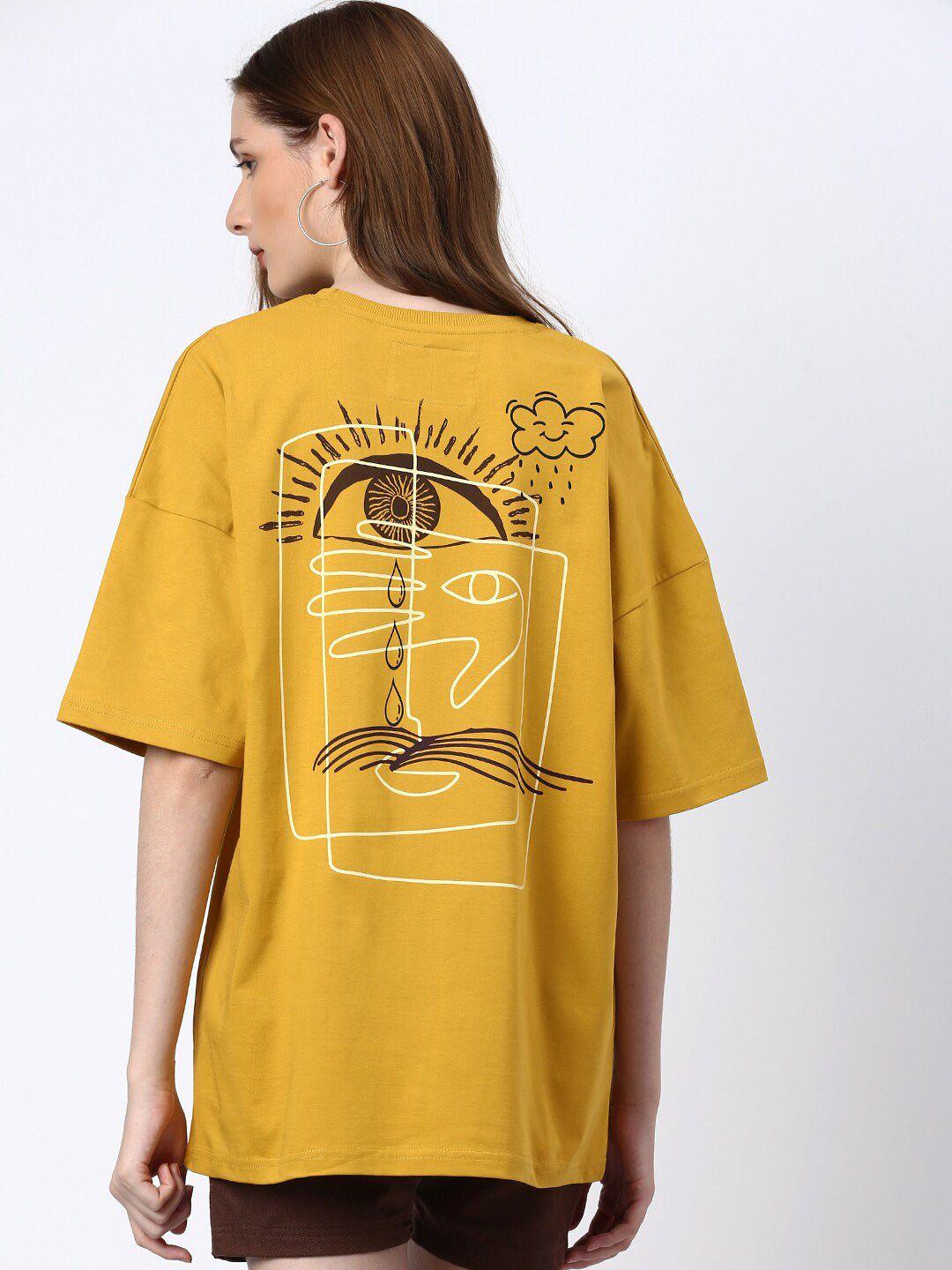 stormborn mustard yellow printed drop-shoulder sleeves cotton oversized t-shirt