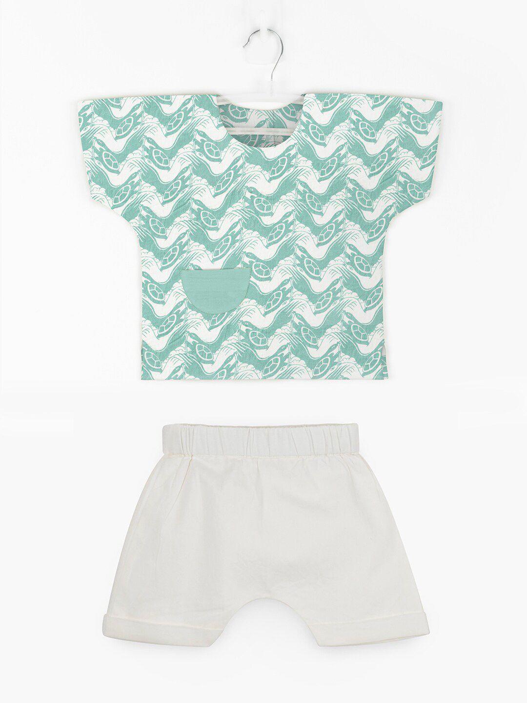story tailor boys sea green & white printed pure cotton t-shirt with shorts