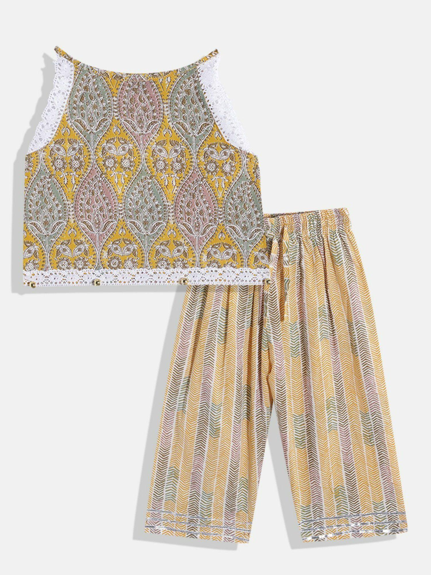 straight cotton multi- printed top with pyjama (set of 2)