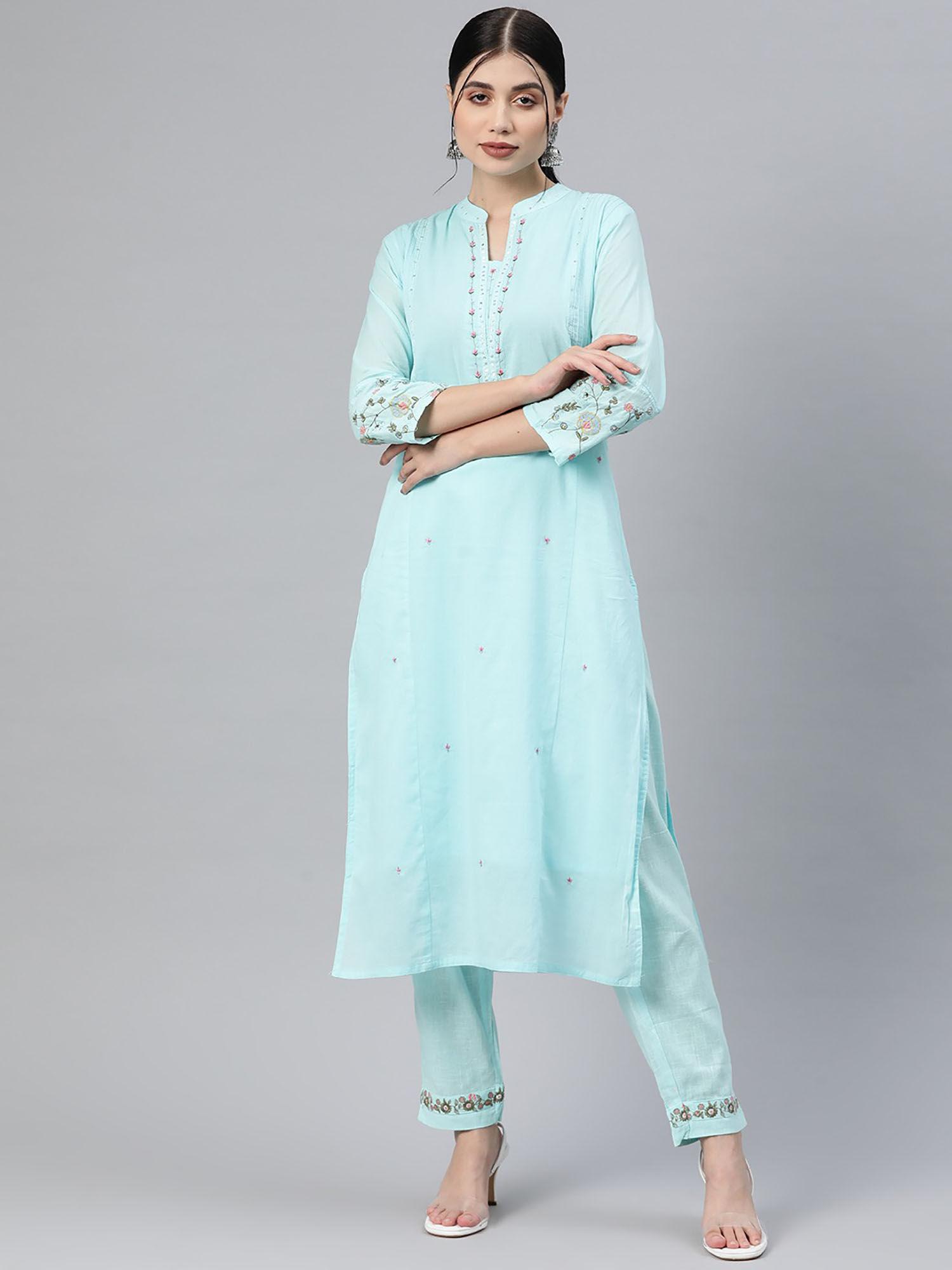 straight cotton turquoise kurta with pant (set of 2)