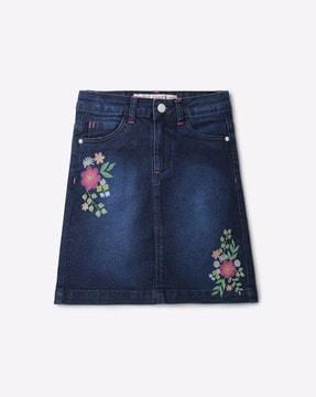 straight denim skirt with floral embroidery