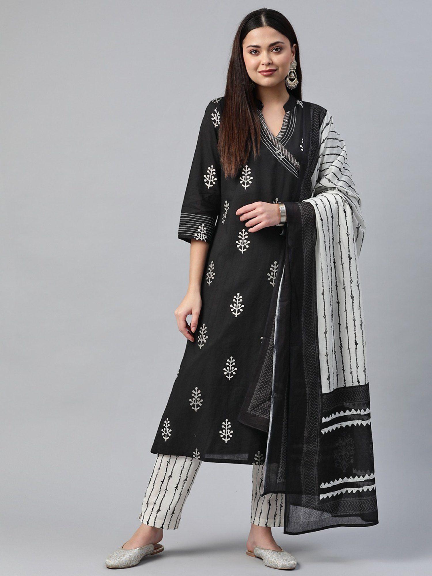 straight fabric black colour kurta with bottom with dupatta (set of 3)