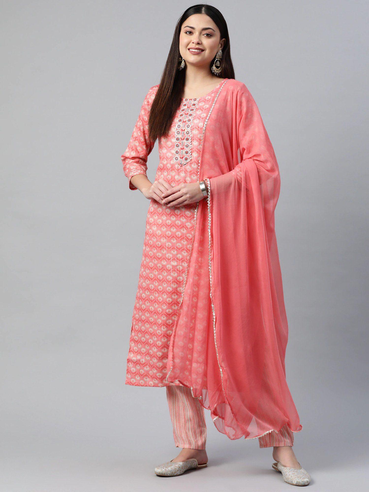 straight fabric pink colour kurta with bottom and dupatta (set of 3)