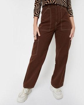 straight fit cargo pants with mid rise waist