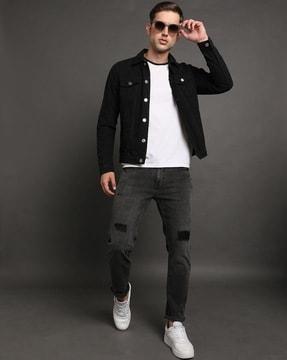 straight fit jeans with patch pasting & tearing