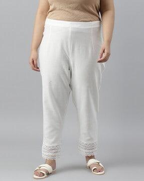 straight fit pants with lace-trim hem