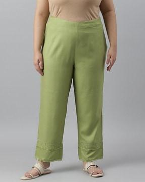 straight fit pants with lace-trim hem