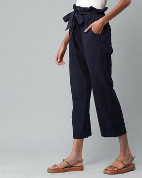 straight fit paperbag flat-front trousers with fabric belt