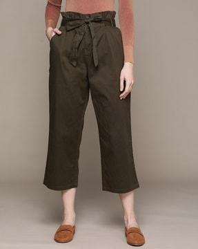 straight fit paperbag flat-front trousers with fabric belt