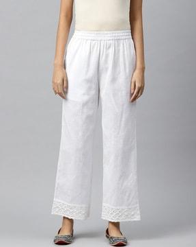straight fit pleated pants with lace hem