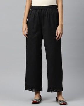 straight fit pleated pants with lace hem