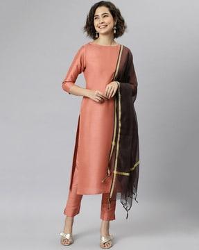 straight kurta & pants set with dupatta