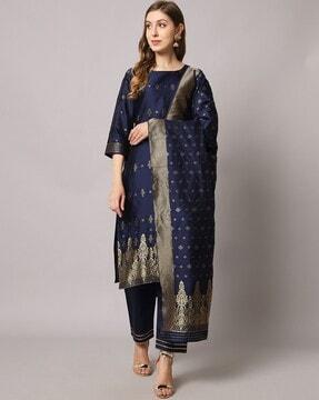 straight kurta & pants set with woven motifs