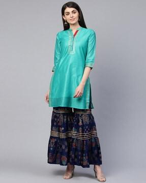 straight kurta & tiered sharara set