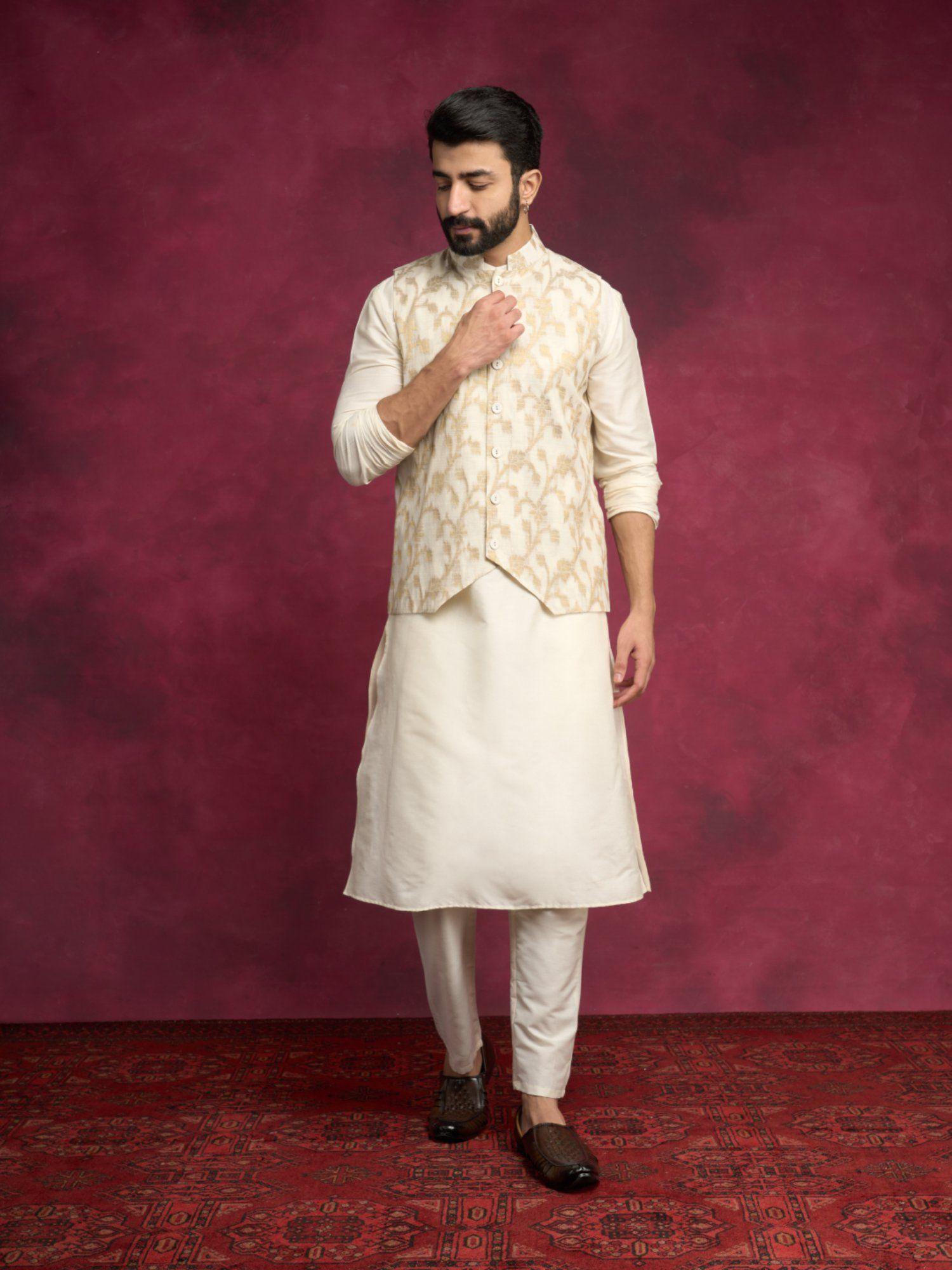 straight kurta layered with zari jacket paired with straight pants-cream (set of 3)