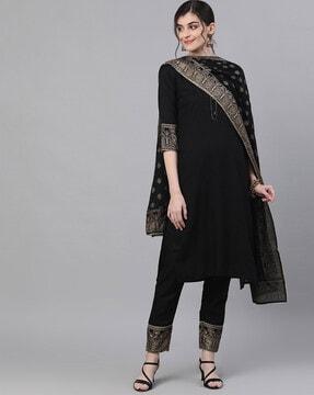 straight kurta set with block print dupatta