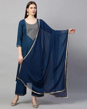 straight kurta set with embroidered yoke