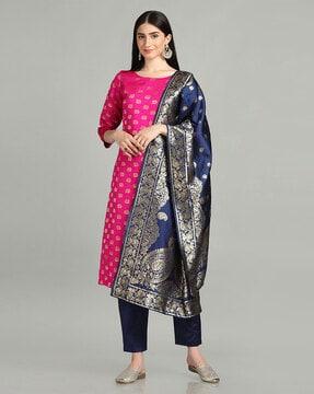 straight kurta set with floral woven motifs