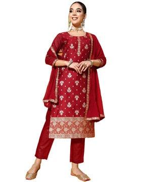 straight kurta set with floral woven motifs