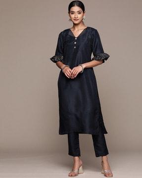 straight kurta set with ruffled sleeves