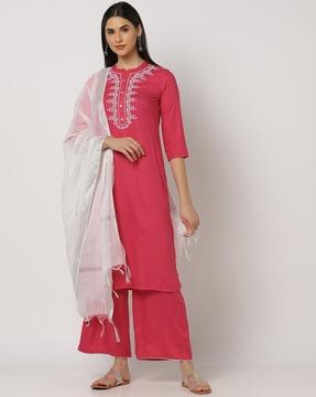 straight kurta suit set with embroidered yoke