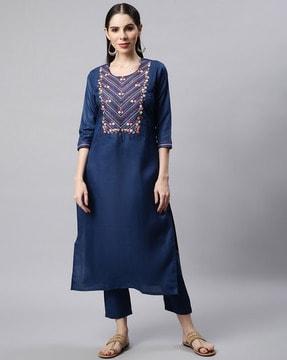 straight kurta suit set with embroidery