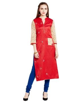 straight kurta with contrast printed sleeves