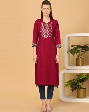 straight kurta with embroidered yoke